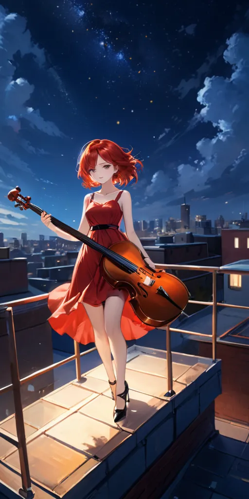 a woman in a red dress holding a Base chillo on a rooftop with the city behind her on a starry night standing on a roof.