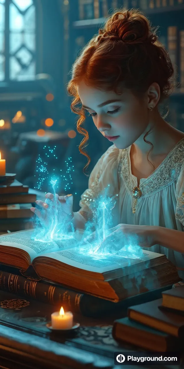 a young girl is reading a book with blue lights