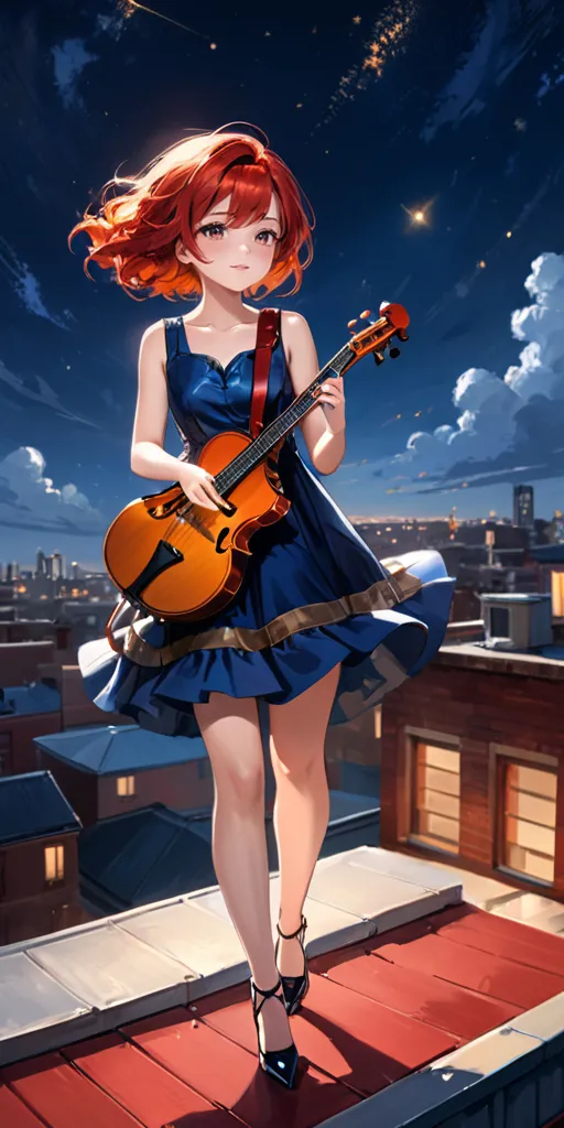 a redheaded woman in a blue dress playing guitar on a rooftop with the city behind her on a starry night standing on a roof.