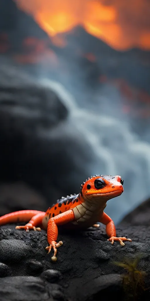 a red and black lizard sitting on a rock