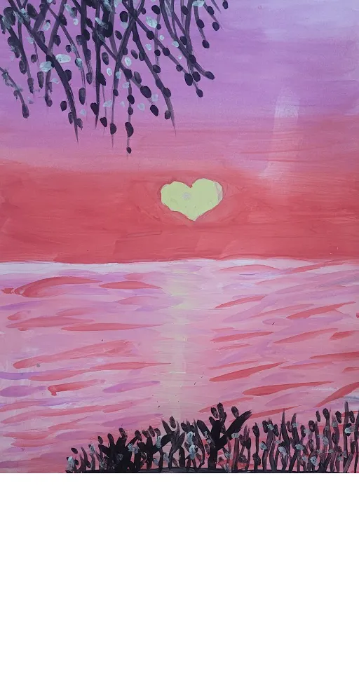 a painting of a heart sunset over a body of water