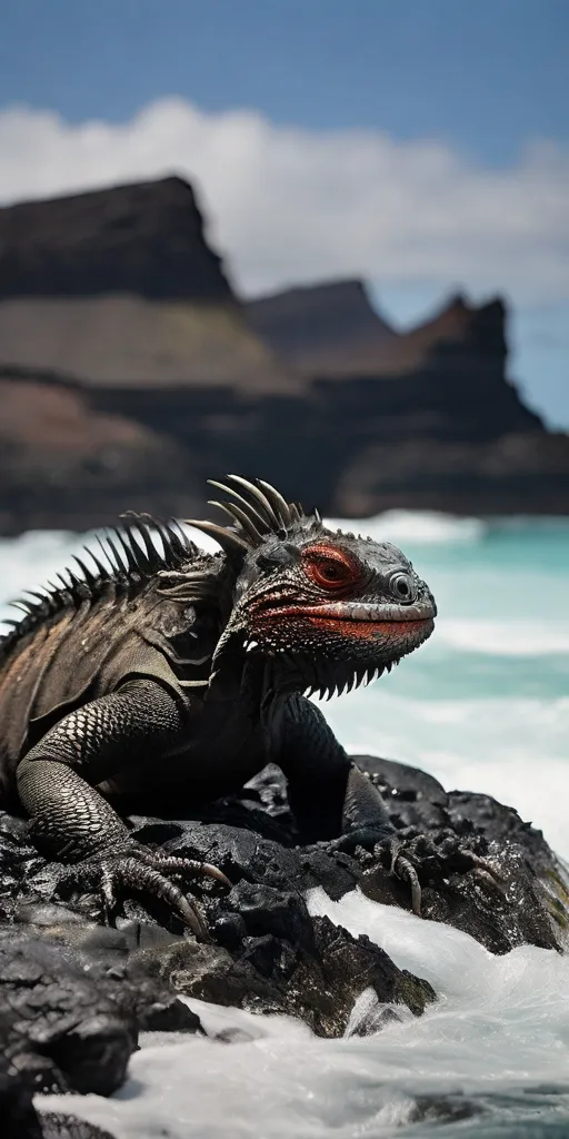 a large lizard sitting on top of a rock near the ocean