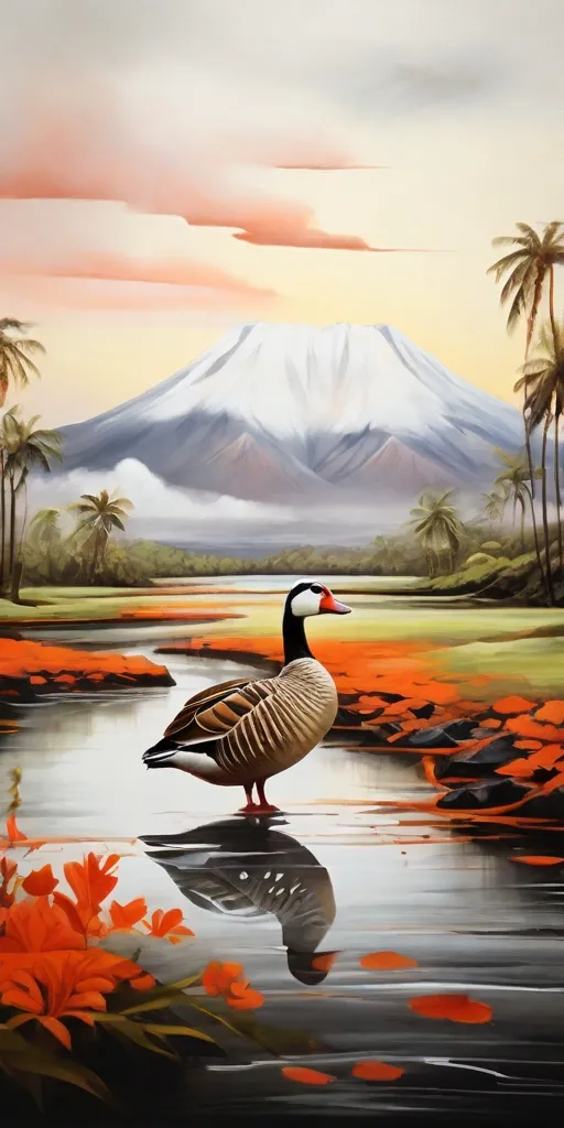 a painting of a goose standing in a lake