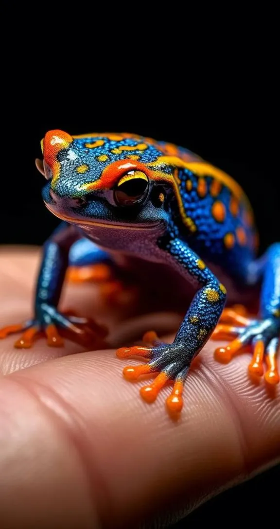 a small blue and orange frog sitting on top of a persons hand