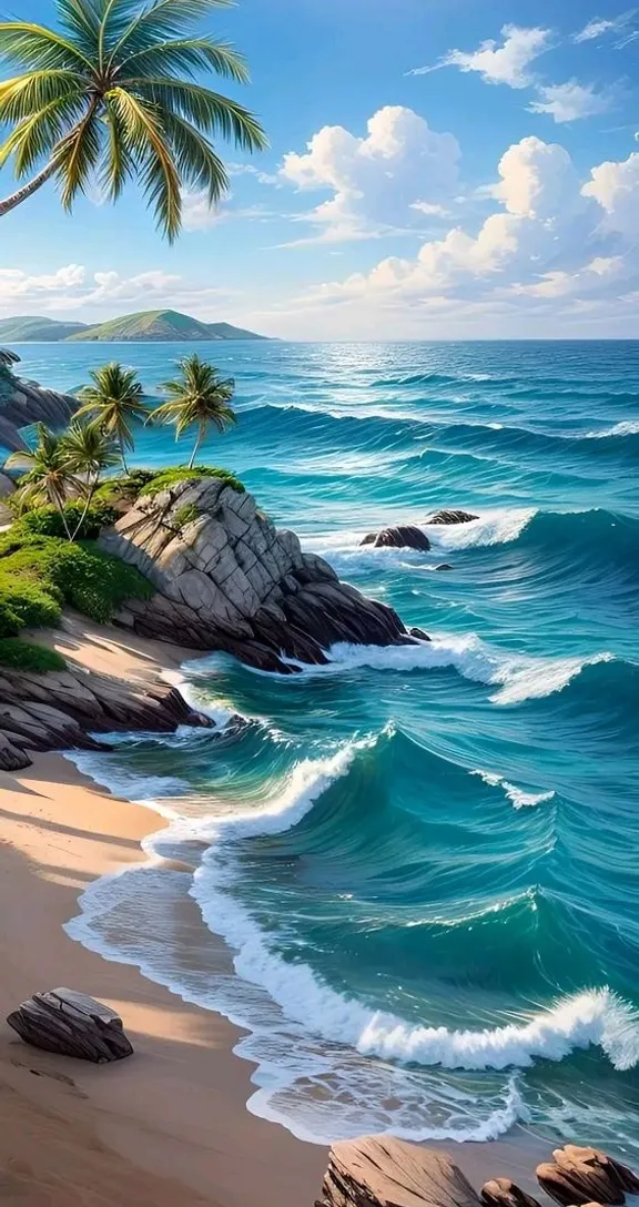 a painting of a tropical beach with palm trees