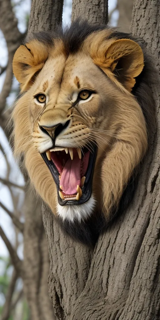 a lion head mounted on the side of a tree