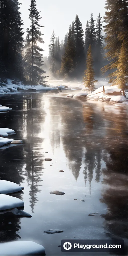 a body of water surrounded by snow covered trees