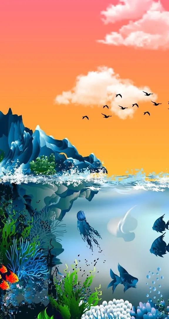 a painting of an ocean scene with fish and corals