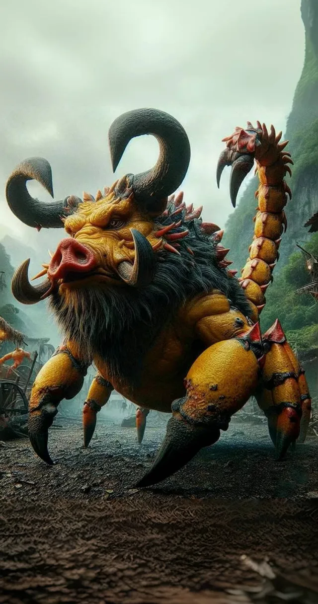 a yellow and black animal with horns and horns