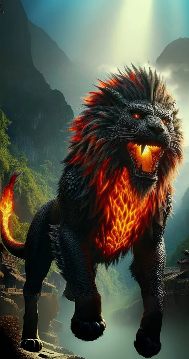 a picture of a lion with flames in its mouth