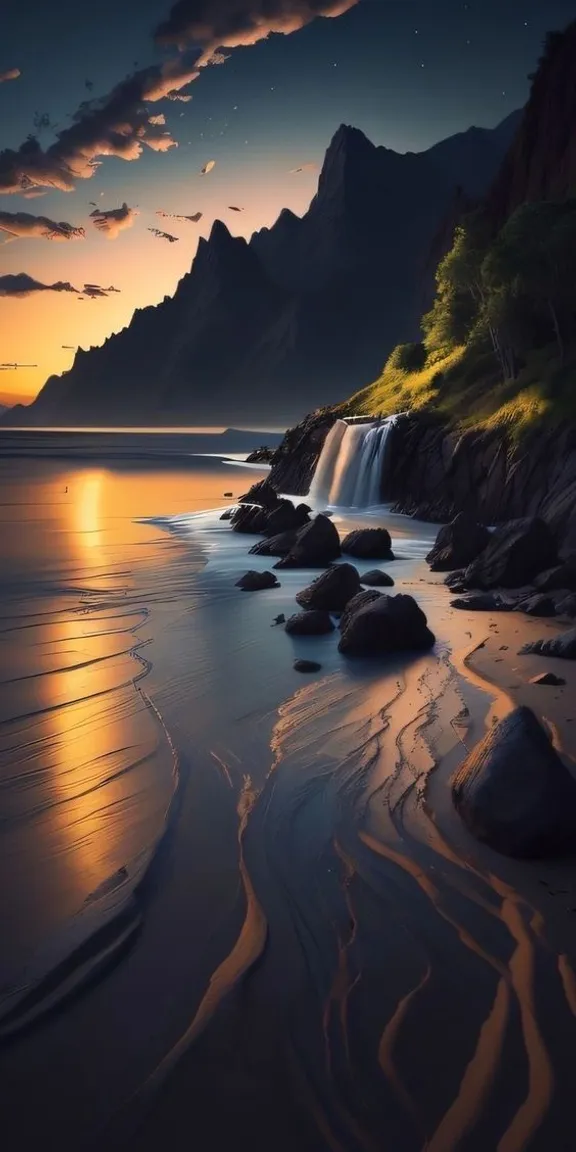 a painting of a sunset over a waterfall