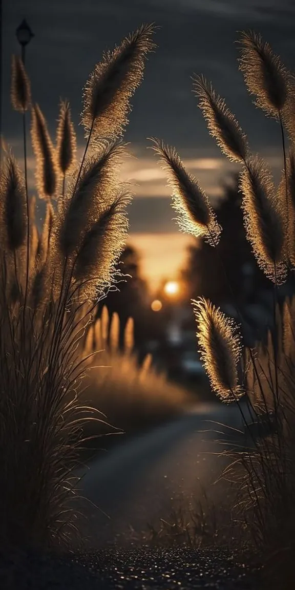 a view of a street at night through some tall grass