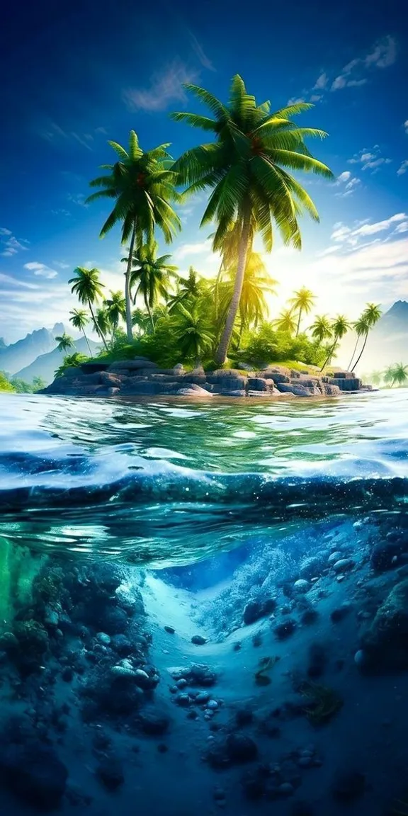 an island in the ocean with palm trees