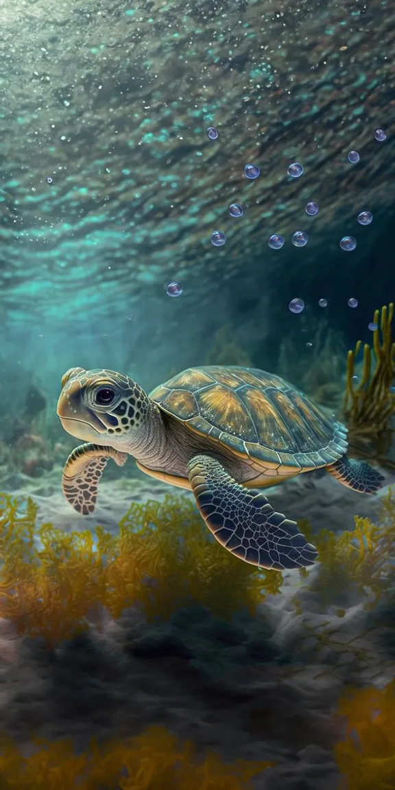 a painting of a turtle swimming in the ocean