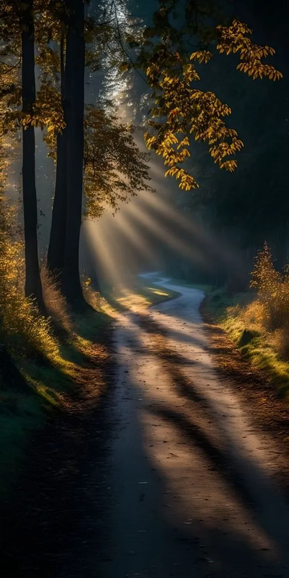 the sun shines through the trees onto a dirt road