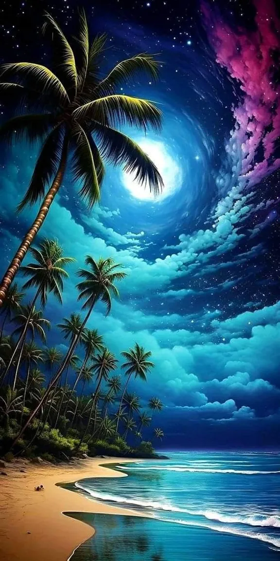 a painting of a beach with palm trees and a full moon