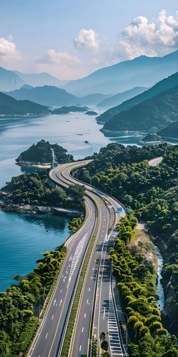 an aerial view of a highway and a body of water