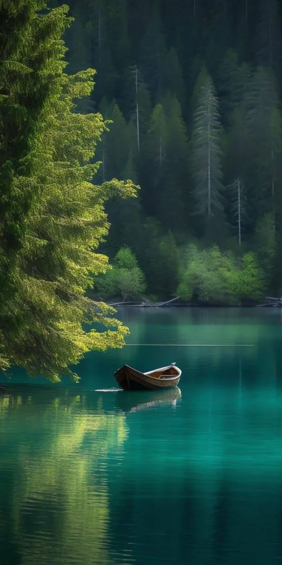 a boat floating on top of a lake next to a forest