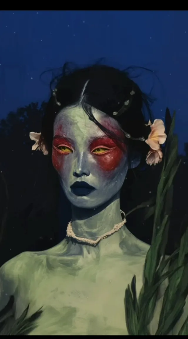 a painting of a woman with a flower in her hair, her lips are parting into a sick smile