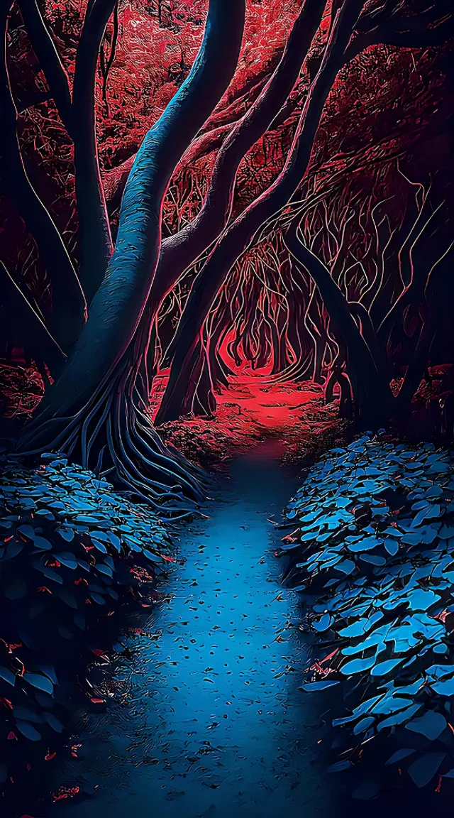 a painting of a path through a forest