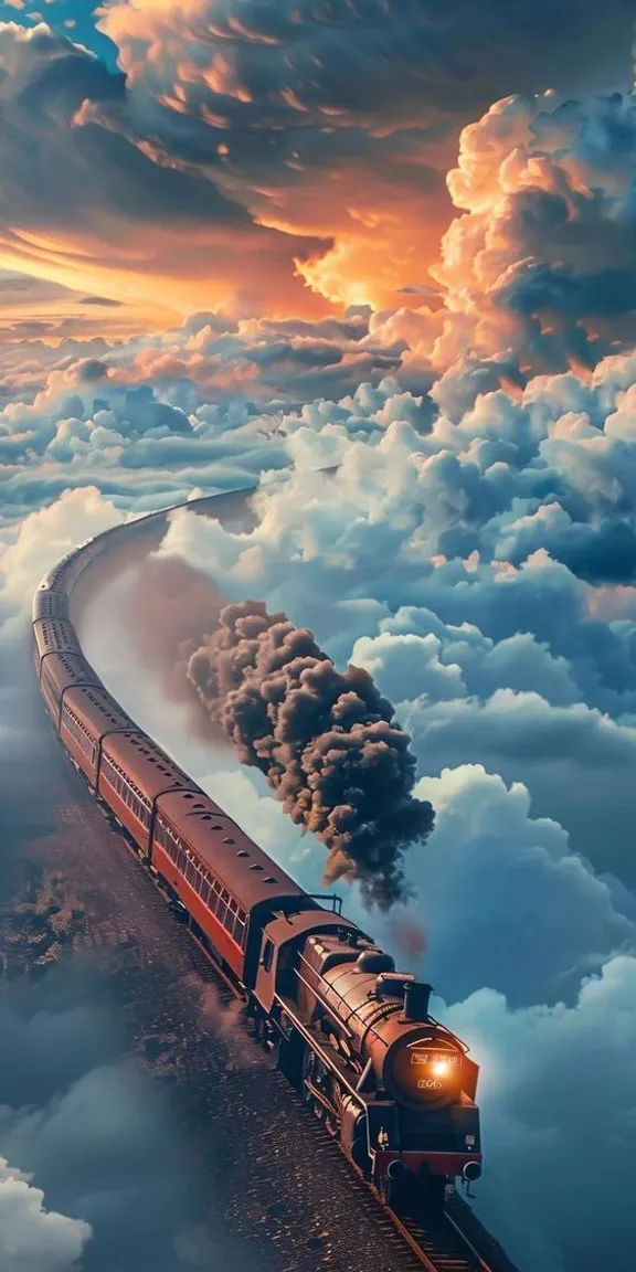 a train traveling through a cloudy sky