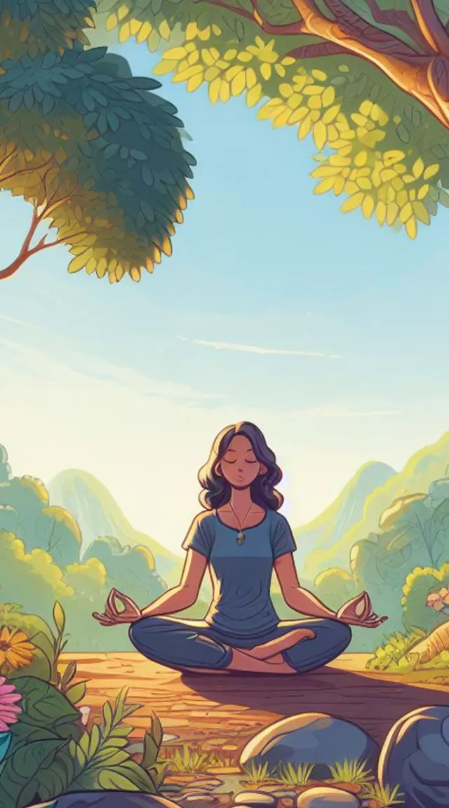 an animated woman sitting in the middle of a forest doing meditation