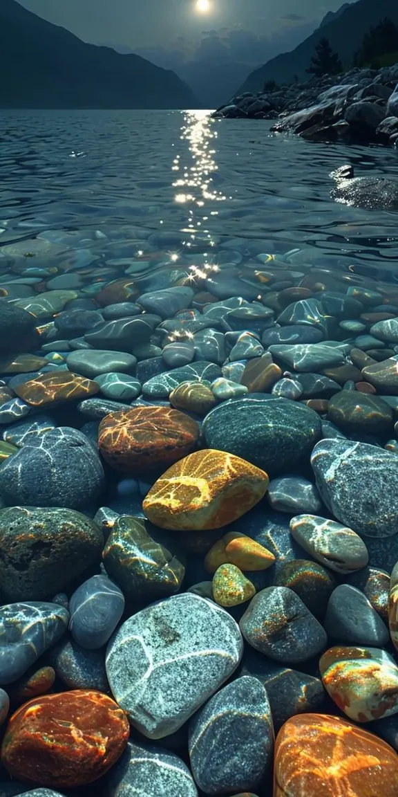 a lake with rocks and water under a full moon