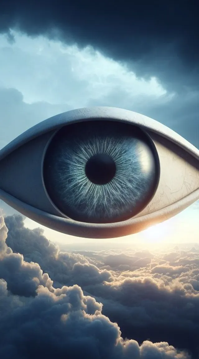 an eye floating above the clouds in the sky. only the clouds are moving and expanding