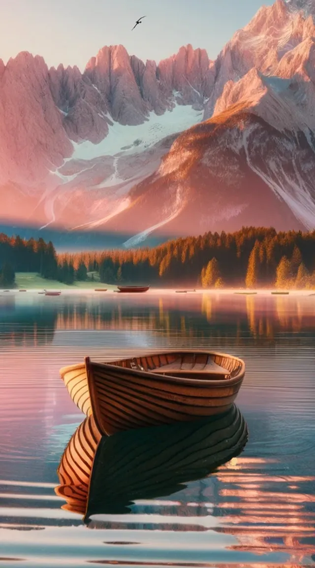 a painting of a boat on a lake with mountains in the background