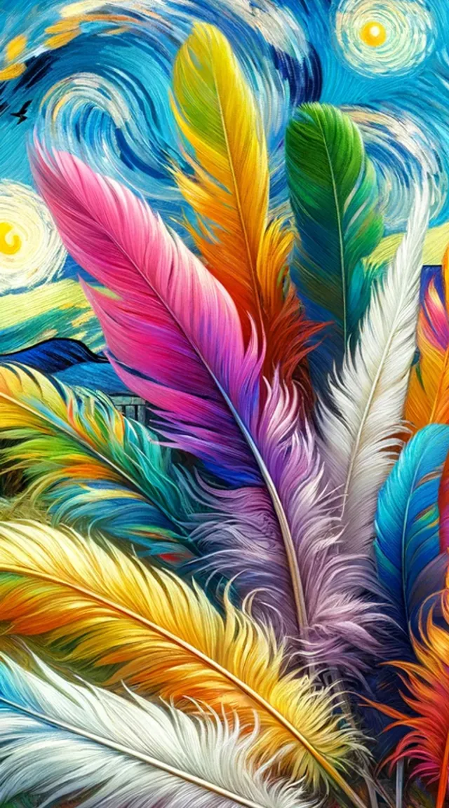 a painting of colorful feathers on a blue background with clouds