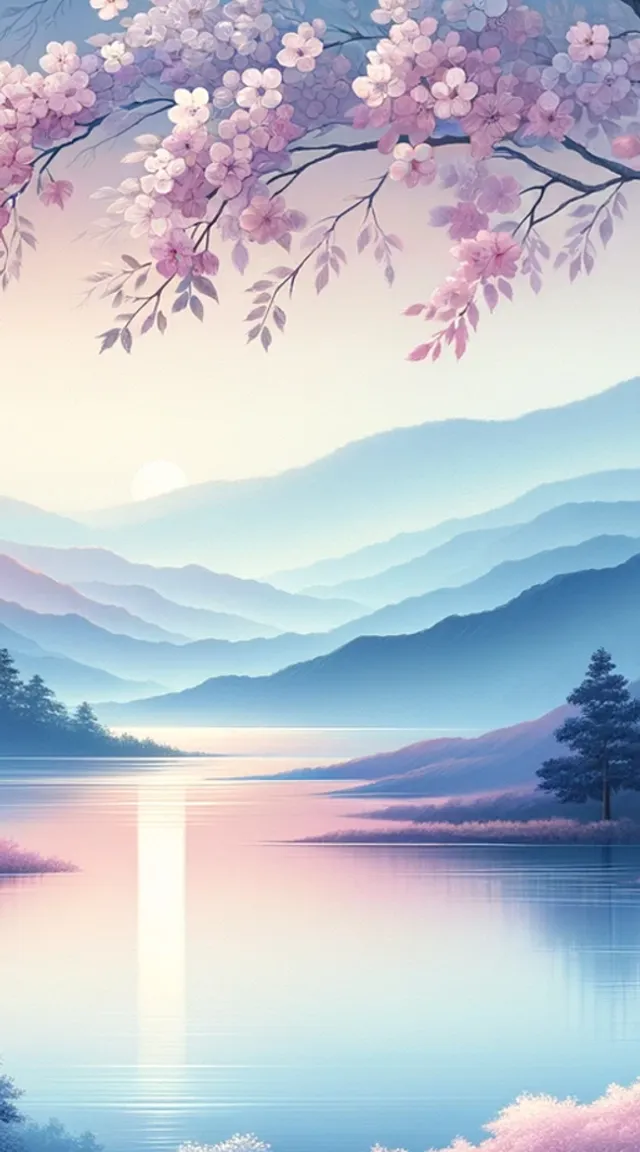 a painting of a mountain lake with pink flowers