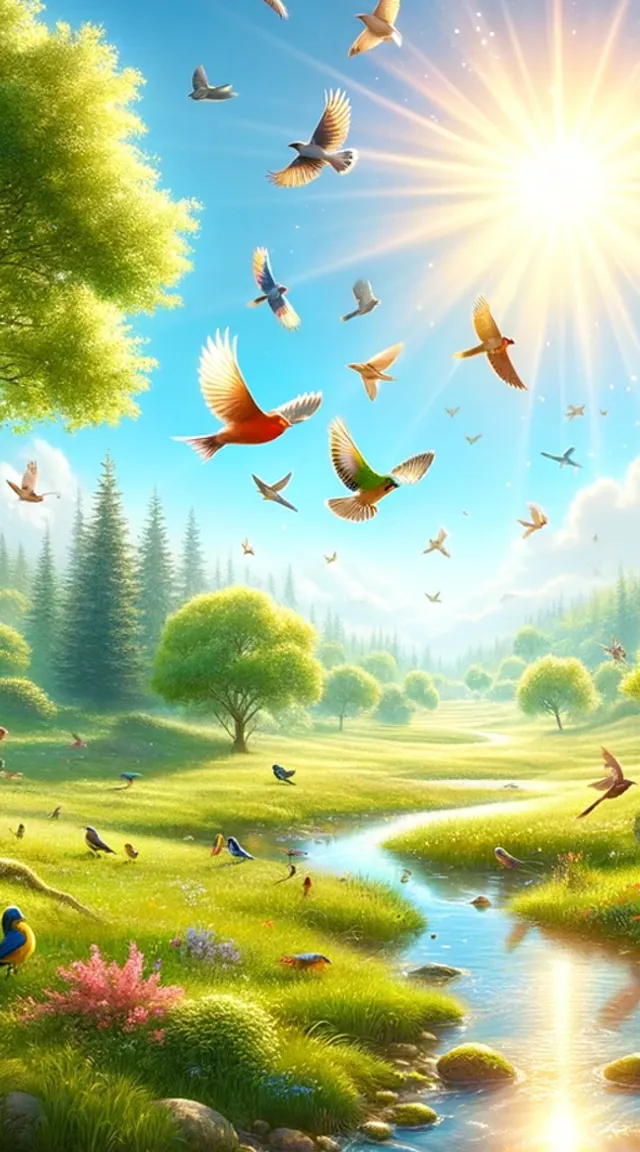 a forest with birds flying over a river