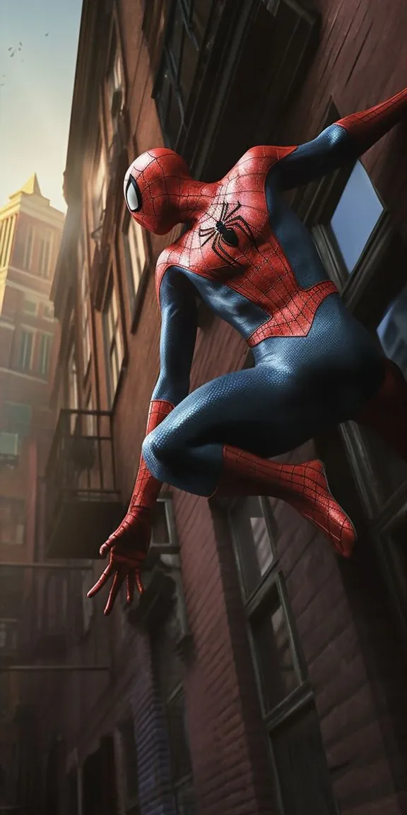 a man in a spider - man suit is hanging from a building