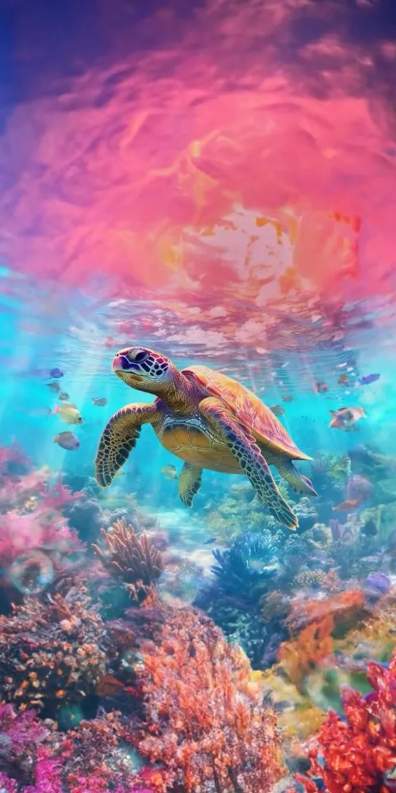 a turtle swimming in the ocean surrounded by corals