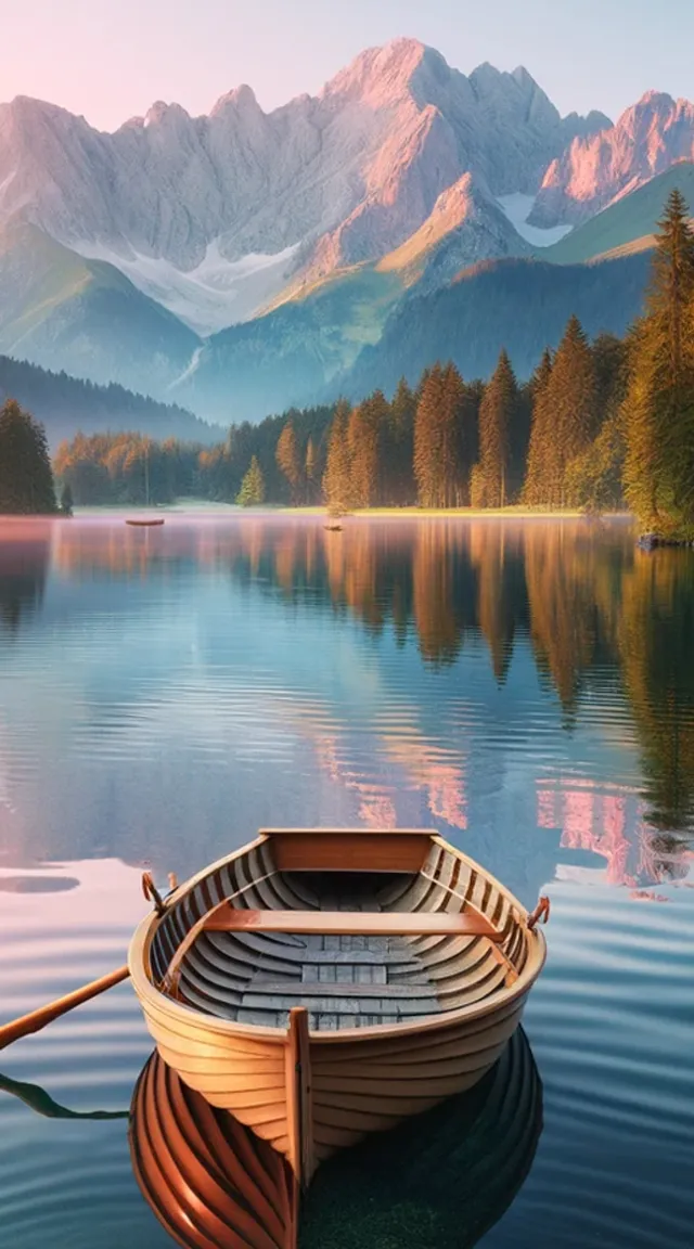 a boat on a lake with mountains in the background