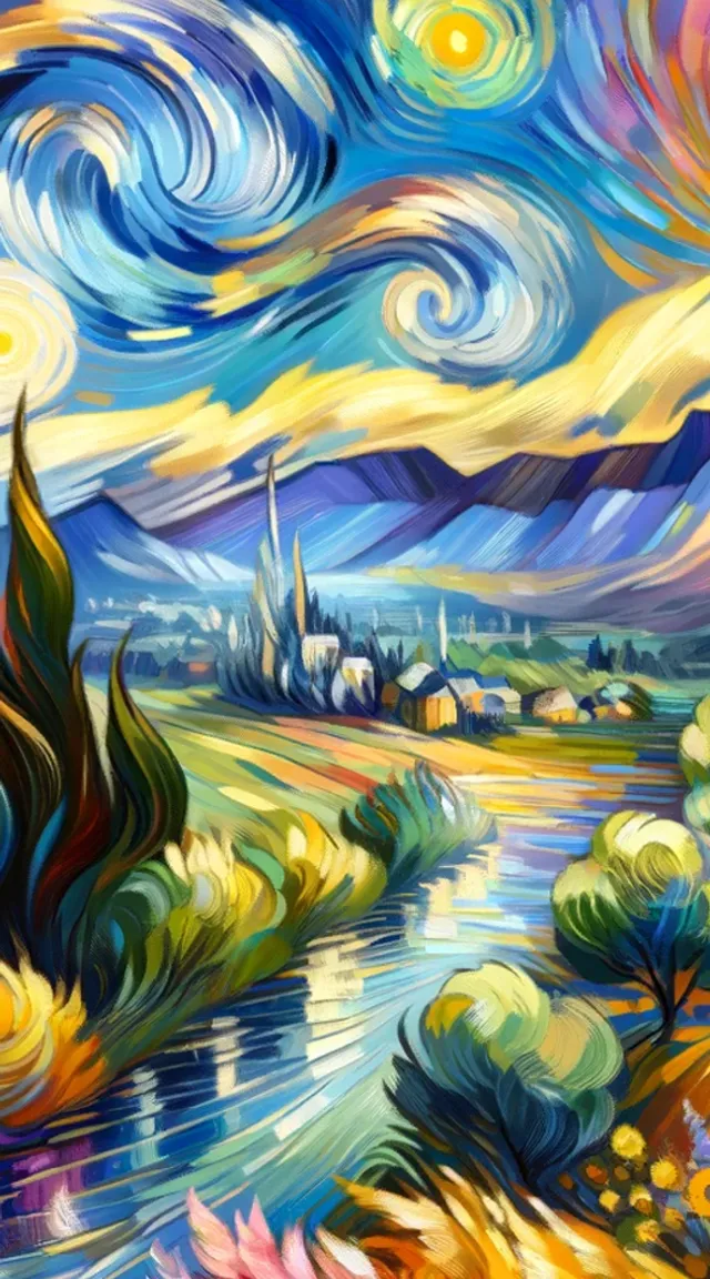 a colorful painting. only the river and the clouds are moving