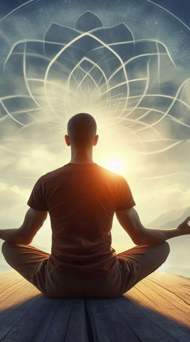 a man sitting in a lotus position and meditating while the clouds in the sky are expanding