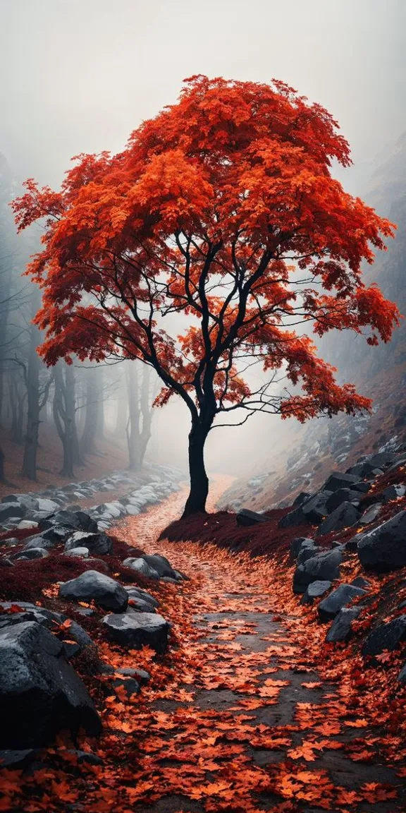 a red tree in the middle of a rocky path