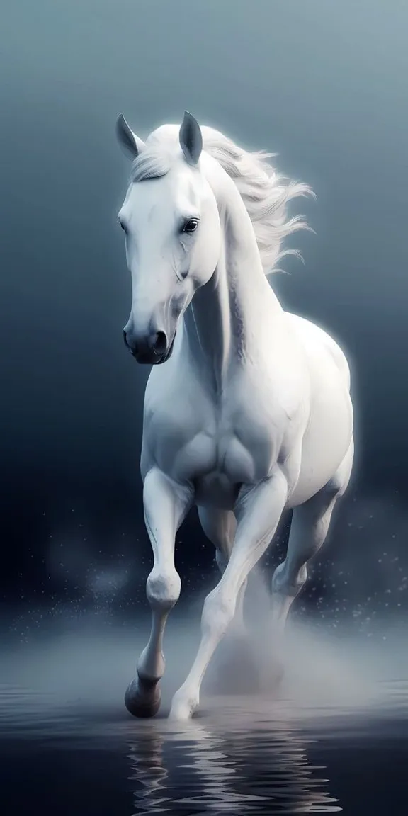 a white horse running across a body of water