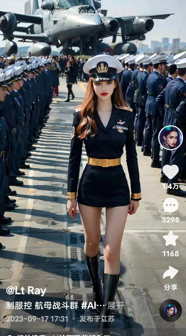 a woman in a navy uniform walking on a runway