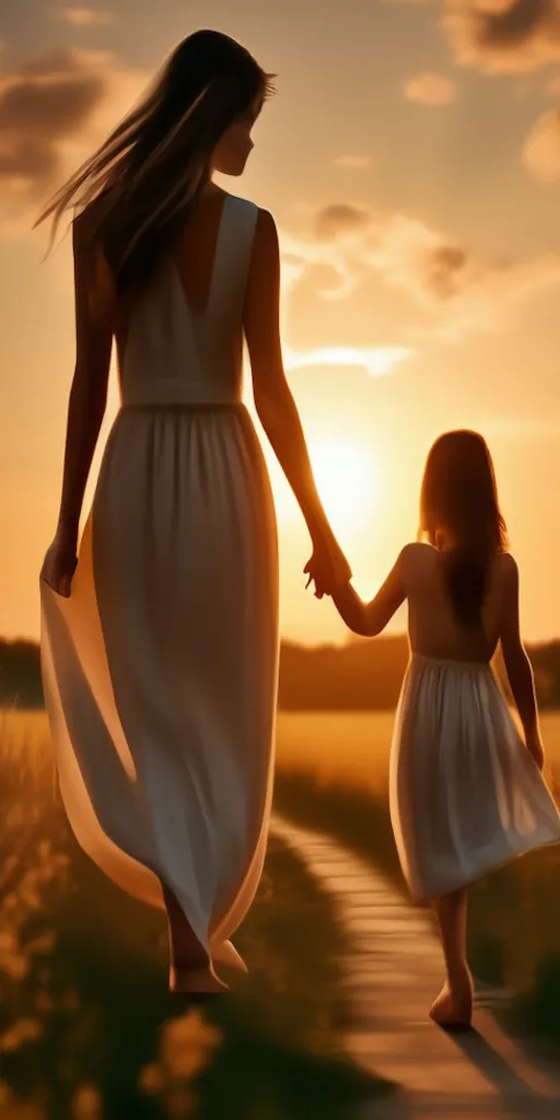 a mother and daughter walking down a path at sunset