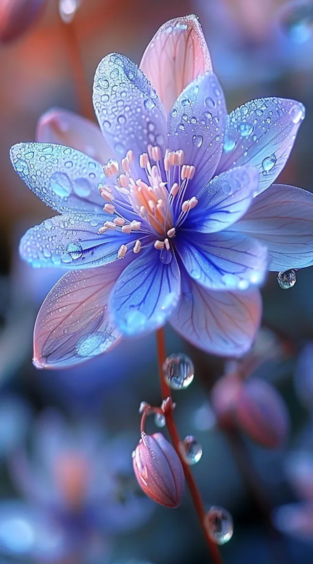 a blue flower with drops of water on it