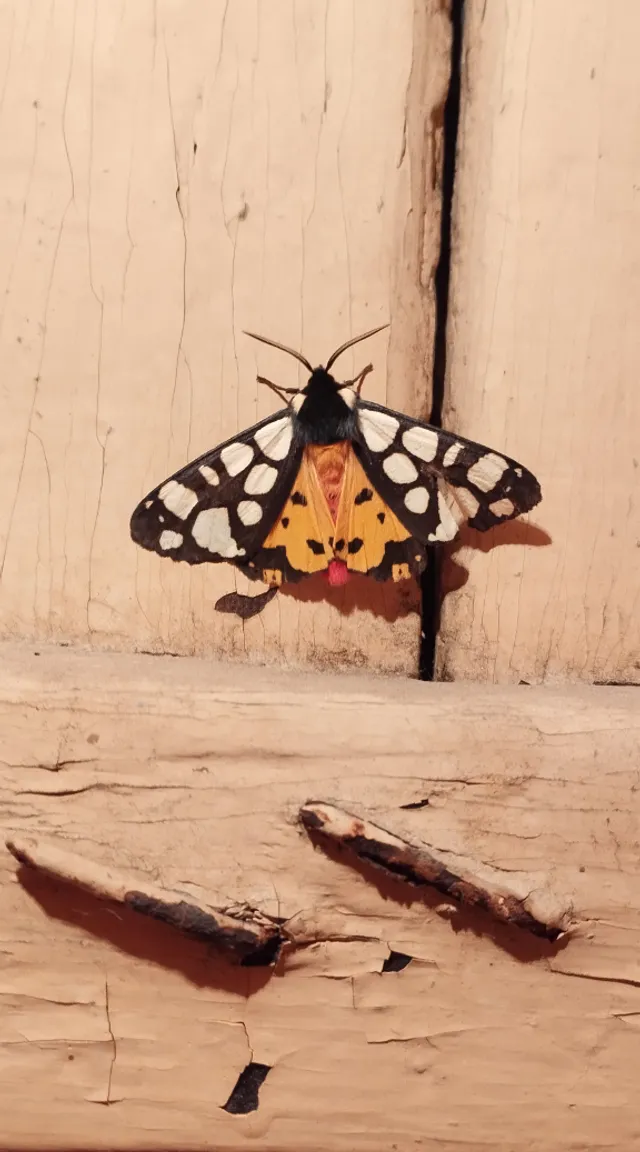 a moth sitting on top of a piece of wood, A butterfly takes off from the wall and flies straight into the lens, gradually turning into a burning phoenix.