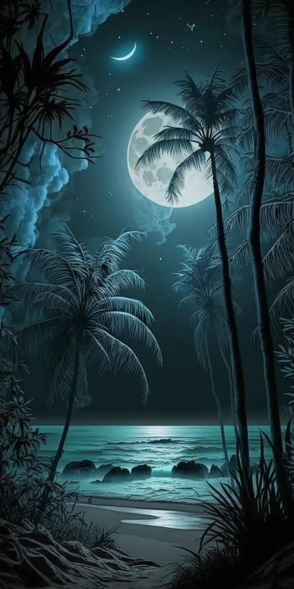 a night scene with palm trees and a full moon