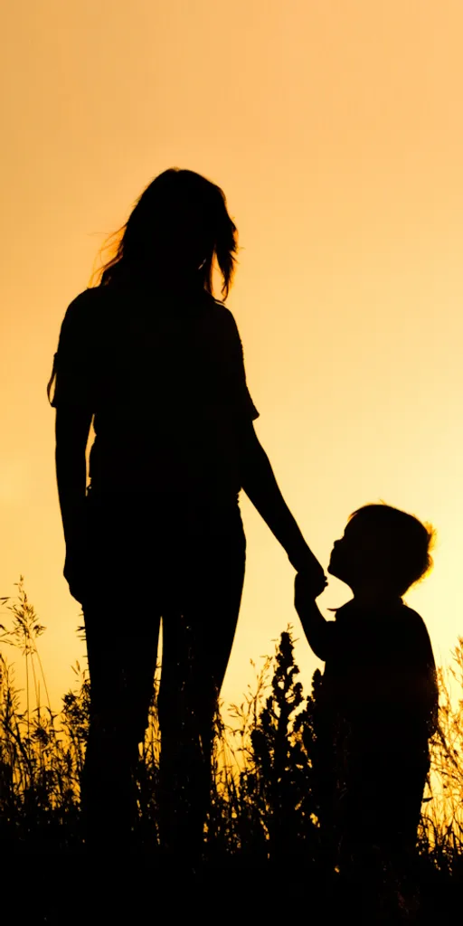 a silhouette of a woman holding the hand of a child