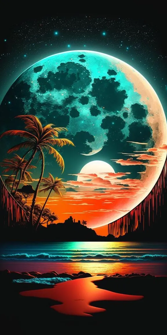 a painting of a full moon with palm trees