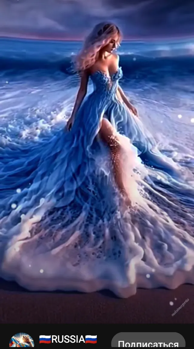 a painting of a woman in a blue dress on the beach