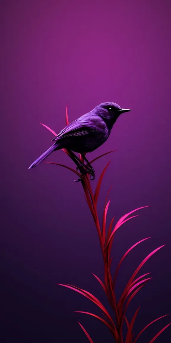 a black bird sitting on top of a purple plant