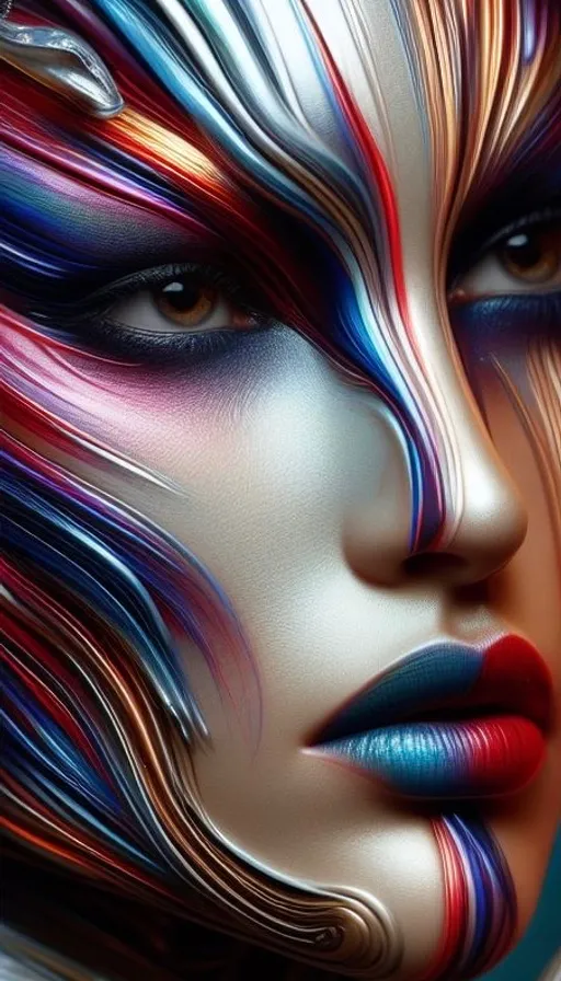 a close up of a woman's face with colorful hair