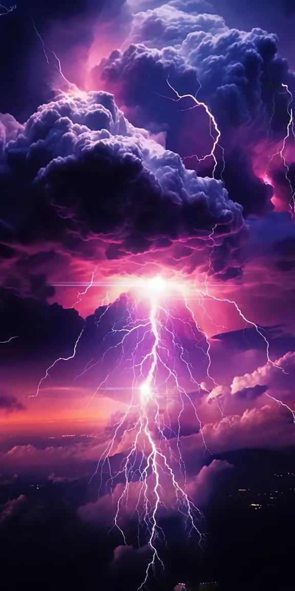 a purple sky with lightning and clouds